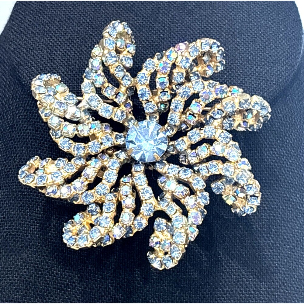 Vintage Hattie Carnegie Rhinestone Brooch Blue Signed Swirl 3D